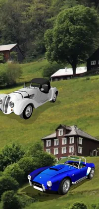 This phone live wallpaper showcases a stunning landscape with vintage cars parked atop a lush green hillside