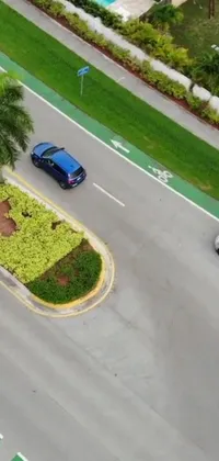 The phone live wallpaper showcases a captivating view of a street adjacent to a verdant field from an unusual high-angle security camera perspective