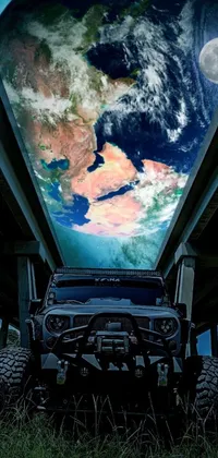 Witness the stunning design of this conceptual digital art piece live wallpaper depicting a parked jeep under a bridge with the earth in the background