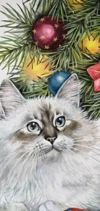This live wallpaper for your phone displays a charming scene of a Christmas tree with creatively adorned ornaments and a fluffy white cat lying beneath it