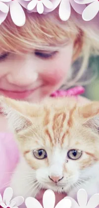 This trendy phone live wallpaper features a close-up of a little girl holding an orange cat