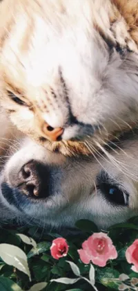 This phone live wallpaper depicts a charming scene of a cat and dog laying in a field of flowers, basking in the warm sun and enjoying each other's company