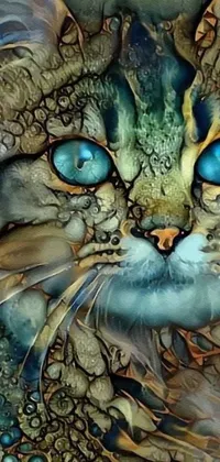 This phone live wallpaper displays a stunning digital art painting of a blue-eyed cat crafted from boulder opal, intricate wrinkles, and fractals for a textured, vibrant look