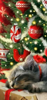 This live wallpaper depicts a realistic painting of a sleeping cat with a festive Christmas tree in close proximity