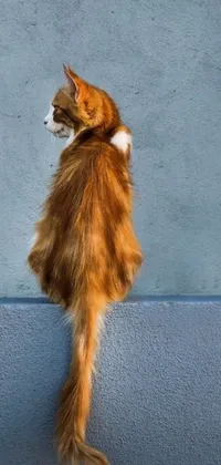 Experience the awe-inspiring beauty of this phone live wallpaper featuring a striking furry orange cat standing tall on a wall