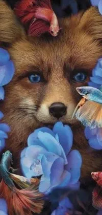 This phone live wallpaper depicts an airbrush painting of a fox surrounded by blue flowers