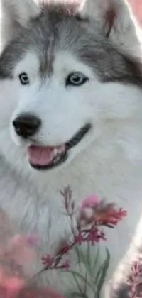 This phone live wallpaper showcases a stunning image of a white wolf with blue eyes standing amidst a field of colorful flowers
