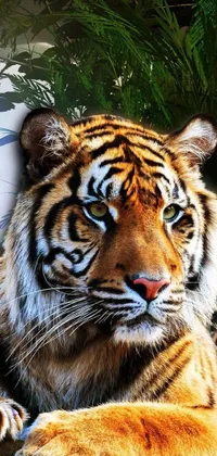 This phone live wallpaper features a digital rendering of a tiger laying on a log
