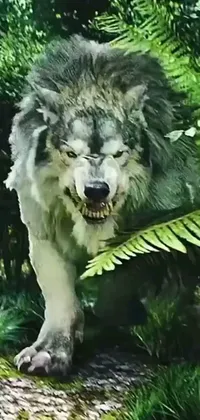 Experience the thrill of the wild with this stunning live wallpaper featuring a majestic gray wolf walking through a lush green forest, snarling dog teeth and a horror animatronic lurking in the background