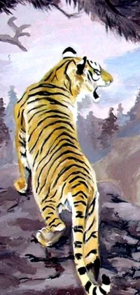 This phone live wallpaper is a vibrant, stylized painting of a tiger, standing atop a rock