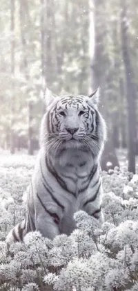 This stunning phone live wallpaper showcases a magnificent white tiger sitting amidst a vibrant field of flowers