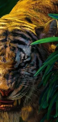 This live wallpaper for phones display a stunning and photorealistic close-up image of a powerful tiger in the lush jungle