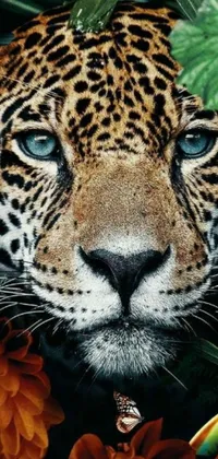 Get mesmerized by the captivating Leopard Live Wallpaper for your phone! The photorealistic painting depicts a close-up of a leopard's face surrounded by flowers