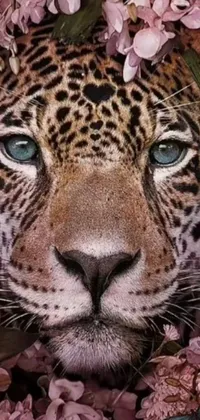 This live phone wallpaper features a breathtaking close-up of a leopard surrounded by colorful flowers