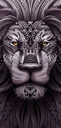 This phone live wallpaper showcases a stunning monochromatic drawing of a lion's head with intricate details that are underscored by a psychedelic background