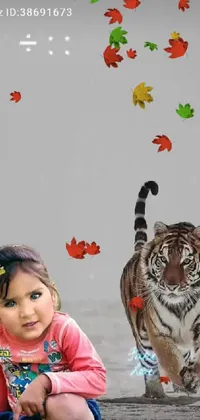 This live wallpaper for your phone displays a lifelike scene of a small girl and tiger resting on a beach