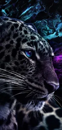 This live phone wallpaper showcases a digital art style close-up of a leopard's face on a black background