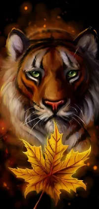 Discover a stunning live wallpaper for your phone that features a breathtaking digital painting of a majestic tiger and a vibrant maple leaf