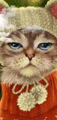 Looking for an adorable and intricate phone live wallpaper? Check out this beautifully detailed digital art featuring a playful cat wearing a cozy sweater and hat
