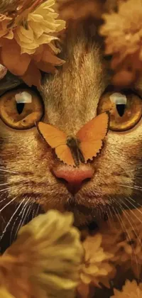 This lively phone wallpaper features a highly detailed and realistic close-up of a contented cat with a butterfly perched gently on its nose