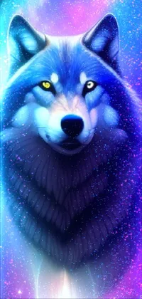 Discover a stunning live wallpaper for your phone featuring the close-up portrait of a wolf on a galaxy background
