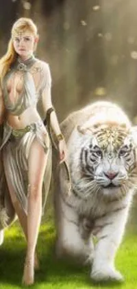 This phone live wallpaper features a stunning fantasy scene with a beautiful model walking alongside a majestic white tiger in an exotic, magical world