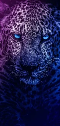 This phone live wallpaper showcases a stunning digital art piece of a leopard's close-up face with blue eyes