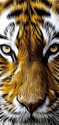 This phone live wallpaper features a stunning close-up of a tiger's face created with gold and white eyes, thick lines, and intricate whiskers and fur pattern