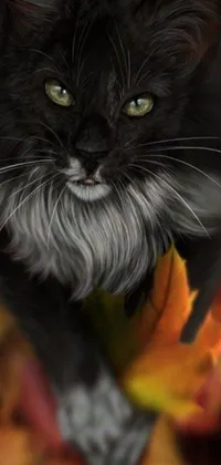 This stunning live wallpaper for your phone showcases a realistic painting of a black cat sitting amidst a pile of autumn leaves