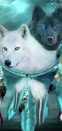Enhance your phone experience with this unique live wallpaper featuring a stunning digital rendering of a white and black wolf inside a dream catcher