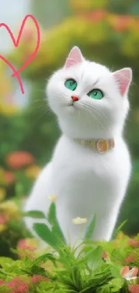 This phone live wallpaper boasts a beautiful digital painting of a fluffy white cat atop a lush green field, complete with heart eyes