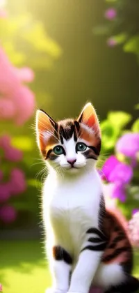 This phone live wallpaper features a charming and adorable cat sitting atop a luscious green field surrounded by blooming flowers, and a soft and dreamy background with 3D depth of field