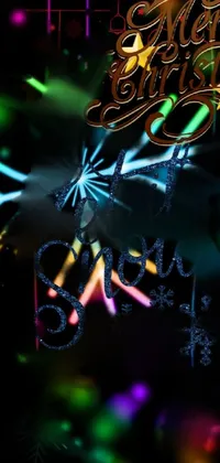 This live phone wallpaper showcases an animated bunch of snowflakes on a black digital background alongside colorful neon signs, Christmas lights, and twinkling stars