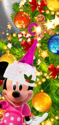 If you're looking for a delightful and festive live wallpaper, then look no further! This colorful image features Minnie Mouse posing in front of a beautifully decorated Christmas tree
