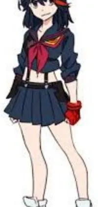 This mobile live wallpaper showcases a captivating anime drawing featuring a full-body depiction of a female school girl donning a striking dark blue and red uniform