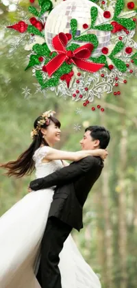 This live wallpaper features a heartwarming wedding scene in a forest, with the bride and groom dancing amid a backdrop of lush evergreen trees and sparkling fairy lights