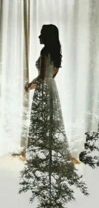 This romantic phone live wallpaper features a woman wearing a white wedding dress standing in front of a window