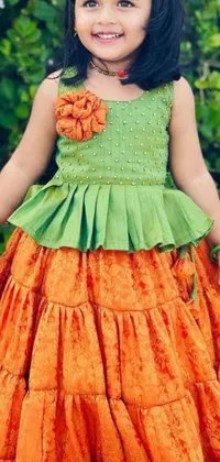 This phone live wallpaper depicts a cute and trendy little girl wearing a multilayered orange and green outfit with floral couture details