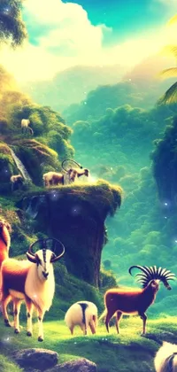 Enhance your phone display with this stunning live wallpaper capturing a mesmerizing scene of a herd of goats grazing on a green hillside