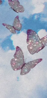 This stunning phone live wallpaper showcases an enchanting digital artwork of a captivating group of butterflies traveling amidst a serene blue sky