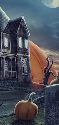 Be captivated by this digital art phone live wallpaper with a creepy and haunting house and pumpkins