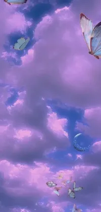 This phone live wallpaper showcases a group of fluttering butterflies set against a cloudy sky