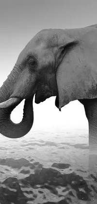 This stunning live phone wallpaper features a black and white close-up photograph of an elephant in water