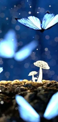 This live phone wallpaper features a group of blue butterflies flying around a mushroom in a beautifully detailed micro-detailed scene