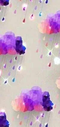 This live wallpaper features a herd of sheep, standing in the rain, surrounded by colorful crystals and purple lightning, in a unique cubist style