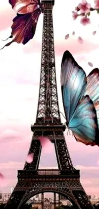 This phone live wallpaper features two colorful butterflies gracefully flying near the iconic Eiffel Tower