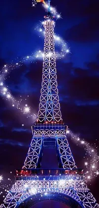 This live phone wallpaper showcases a stunning digital rendering of the Eiffel Tower at night