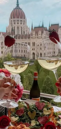 This live wallpaper for your phone features a romantic scene of a couple holding wine glasses against a stunning view of Budapest