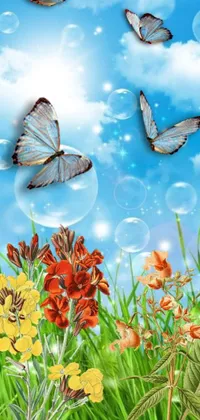 This phone live wallpaper showcases the beauty of nature with stunning digital renderings of butterflies flying through the sky