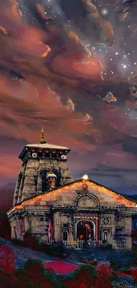 This phone live wallpaper features a serene and surreal painting of a church on a hill at night